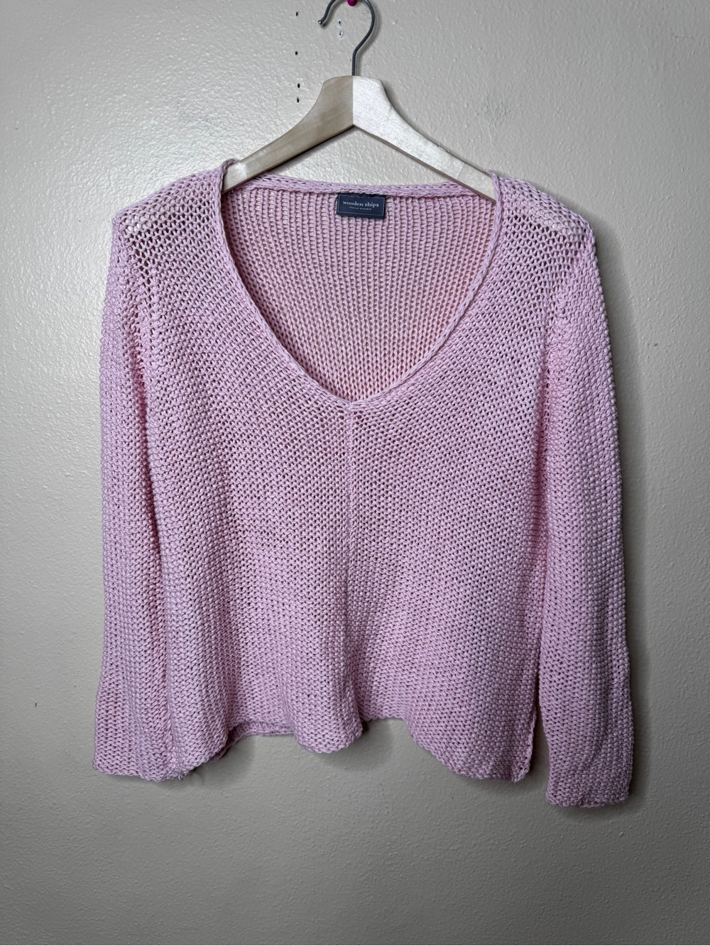 Wooden Ships Sweater Women's S/M Pink Cotton Knit V-Neck Lightweight Coastal